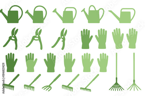 Collection of gardening tools including watering cans, gloves, and pruning shears in green shades on a white background