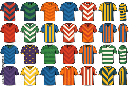 Different designs of colorful t-shirts displayed on a grid layout, showcasing various patterns and colors at a casual event