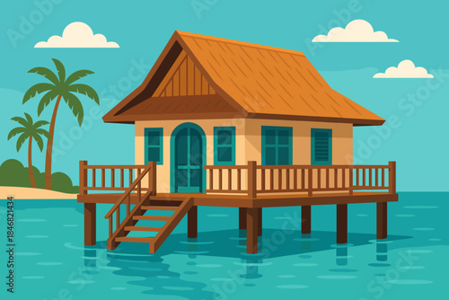 A wooden house on stilts over clear water with palm trees in the background on a bright sunny day