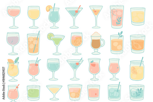 Different types of drinks are displayed on a white background with colorful details and various glassware from a bar or party setting