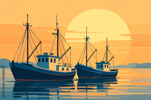 Fishing boats docked in the bay during sunset with calm water and mountains in the distance