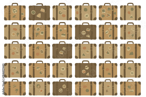 Suitcases with travel stickers showing different shapes and designs in a pattern on a light background
