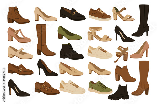 Various types of footwear displayed in a flat layout showing different styles and colors on a plain background