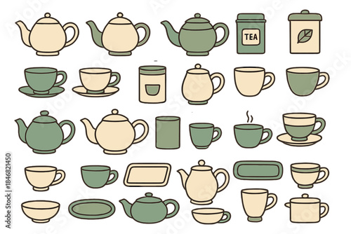 Variety of teapots and cups arranged on a table showing different tea-related items