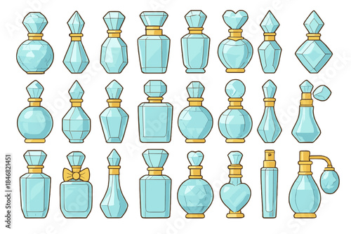 Collection of blue fragrance bottles displayed in a neat arrangement on a white background during daytime