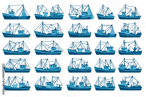 Collection of fishing boats in various designs and arrangements against a white background