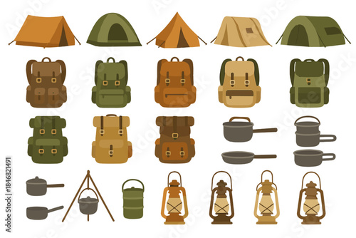 Camping gear and tents for outdoor activities in natural settings with bags and cookware displayed