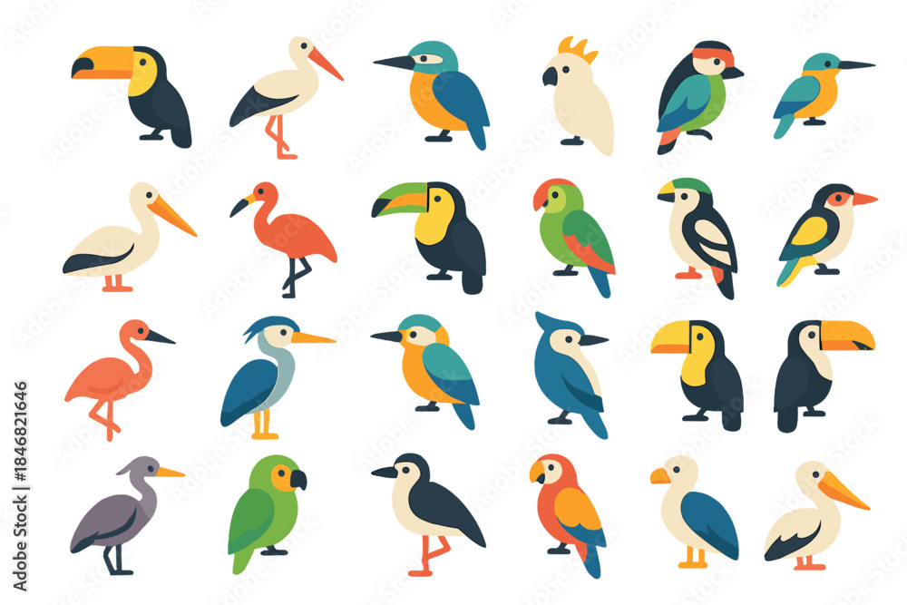 Fototapeta premium Colorful birds from around the world in various poses and designs on a white background