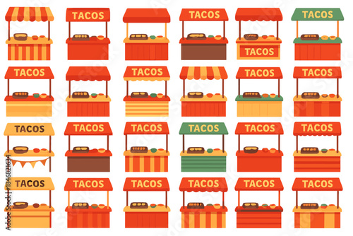 Colorful taco stands lined up in a market setting during a sunny day with vendors ready to serve their food