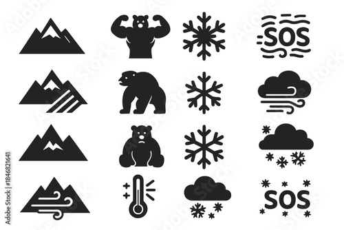 Black silhouette icons of nature and emergency symbols on a white background with mountains, bears, snowflakes, clouds, and SOS signs