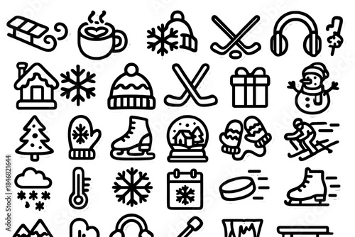 Winter icons collection featuring snow, sports, and seasonal items on a plain background