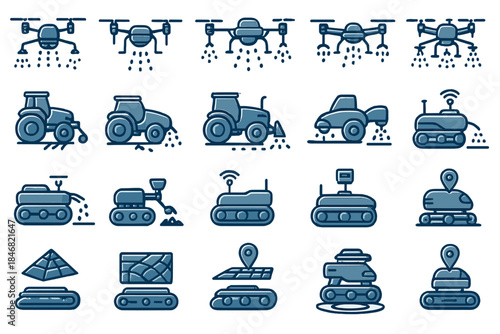 Various types of drones and vehicles used in agriculture and construction activities