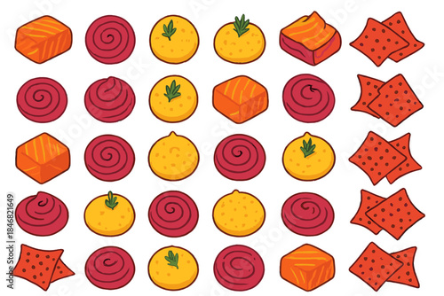 Colorful array of different snacks and dishes arranged in a grid pattern on a white background, showcasing various shapes and colors