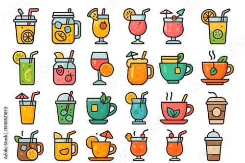 Various drinks are displayed in colorful designs on a white background in a fun and lively setup with fruits and decorations