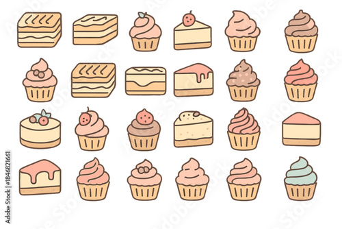 Various types of cakes and cupcakes arranged in a grid showing different designs and toppings in simple styles