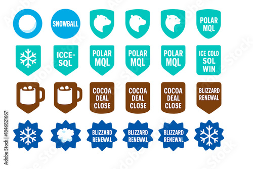 Winter themed design showing badges and icons related to snow, cocoa, and cold weather activities