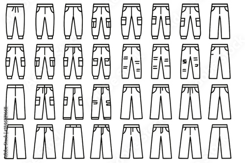Different styles of pants arranged in a grid layout showing various designs and details for clothing options