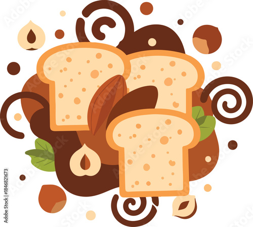 A stylized illustration of bread slices with nuts and leaves on a white background, perfect for food-related businesses or recipes
