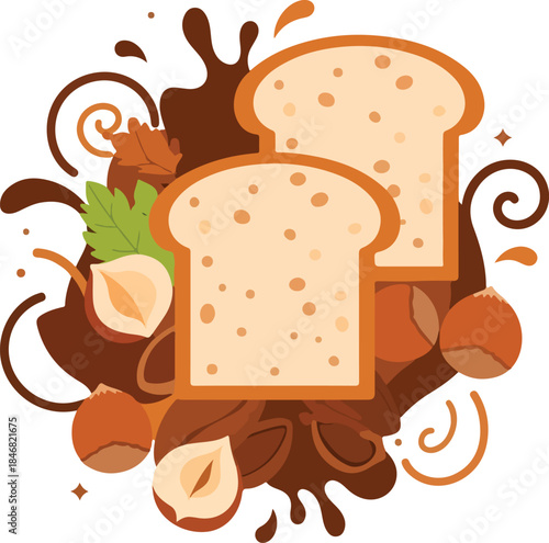 Appetizing bread slices surrounded by nuts and chocolate sauce splatter, perfect for culinary designs