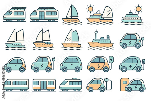 Different types of transportation on land and water shown in simple drawings with various vehicles and vessels from trains to boats