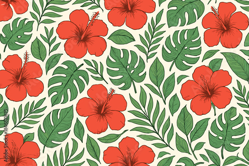 Red hibiscus flowers and green leaves create a tropical pattern on a light background for decoration and design