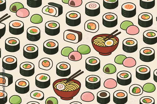 Colorful pattern of sushi and noodles on a light background with various types of food items arranged together