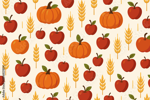 Patterns of pumpkins, apples, and wheat create a seasonal design for autumn decoration and celebration activities