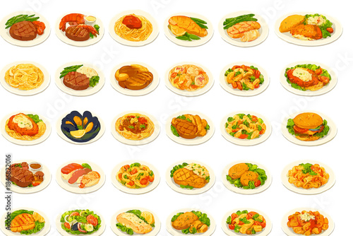 Variety of dishes arranged on plates in a food display showing different types of meals including seafood, meats, and pasta