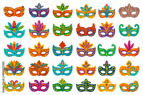Colorful masks are displayed in a row for a festival or celebration in an indoor market setting