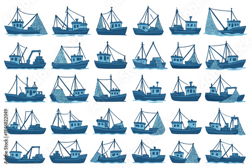 Different fishing boats in various positions on the water with nets showing different fishing activities