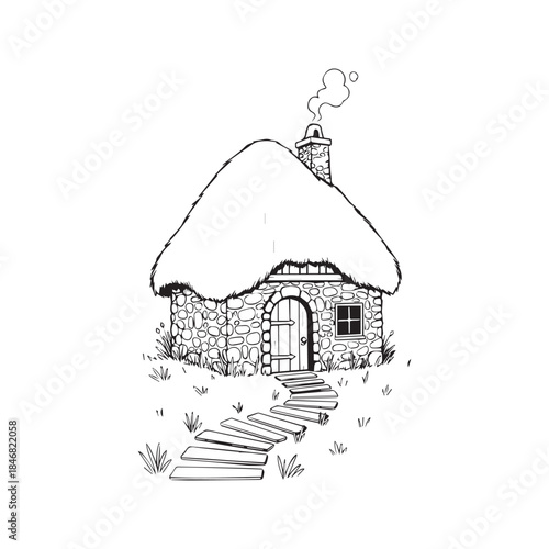 Hand drawn ink sketch of a small rustic stone cottage with a thatched roof and winding path, isolated on white paper texture background.
