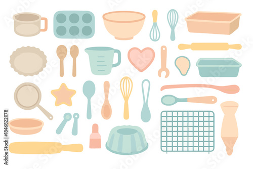 Various baking tools and utensils arranged in a neat layout in soft colors on a white background