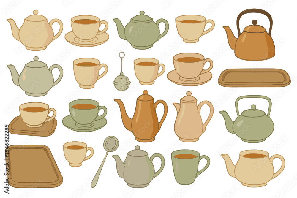 Fototapeta premium Collection of teapots, cups, and trays arranged on a white surface showcasing various tea items for serving