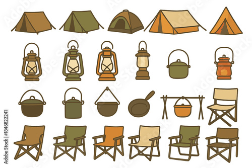 Various camping equipment and supplies arranged in an organized manner for outdoor adventures