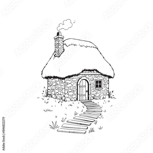Hand drawn ink sketch of a small rustic stone cottage with a thatched roof and winding path, isolated on white paper texture background.
