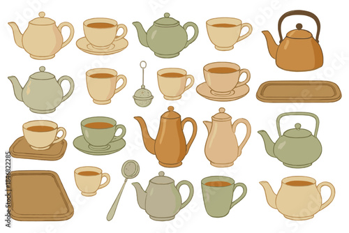Collection of teapots, cups, and trays arranged on a white surface showcasing various tea items for serving