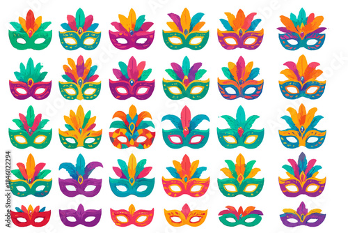 Colorful masks arranged in a grid for a festive celebration or carnival event