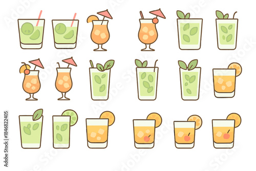 Different types of drinks on a table with fruit garnishes and colorful straw decorations during a summer gathering