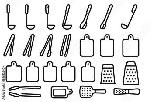 Kitchen utensils and tools arranged on a plain background in a simple layout showing various shapes and forms of tools for cooking and serving food