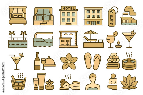Icons showing hotel amenities, activities, and services for guest comfort and relaxation