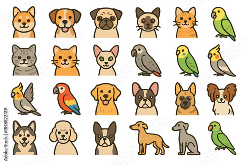 Many cartoon animals sitting in a grid showing different types of pets in various colors and shapes on a white background