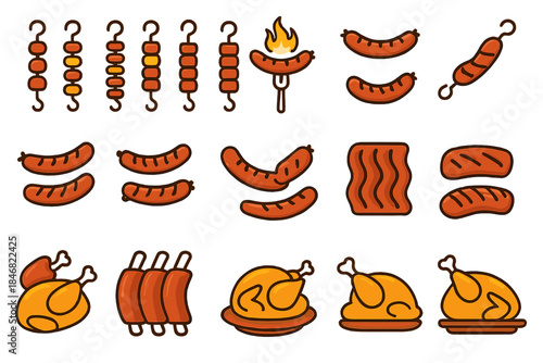 Different types of meat dishes and grilled items shown in a simple and clear layout with various cooking styles and preparations