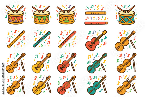 Colorful musical instruments arranged in a grid for creative design or education in music classes