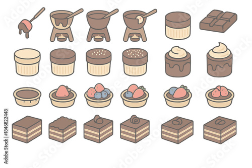 Different types of desserts and sweet treats arranged in groups with various shapes and colors on a white background