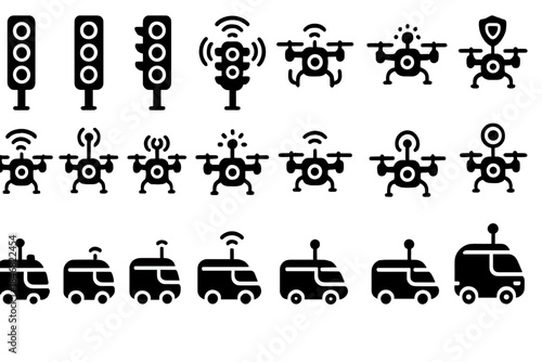 Icons of traffic signals and drones showing different activities with vehicles and technology