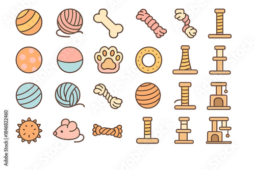 Different toys and items for pets shown in various shapes and sizes arranged in a grid layout on a white background