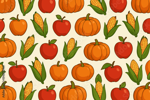 Colorful arrangement of apples, pumpkins, and corn on a light background showing autumn harvest theme