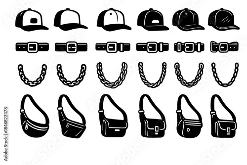 Collection of hats, belts, chains, and bags in black and white suitable for various fashion styles
