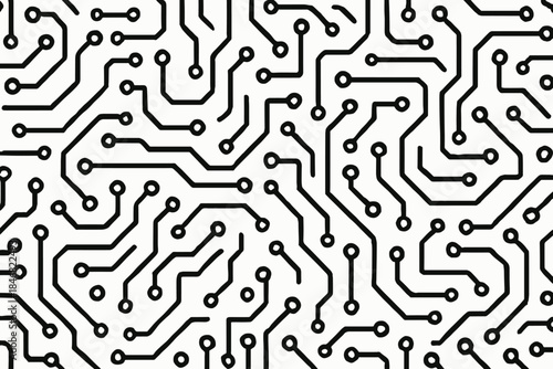 Complex arrangement of circuit board lines with nodes on a white background showing electronic design and connectivity
