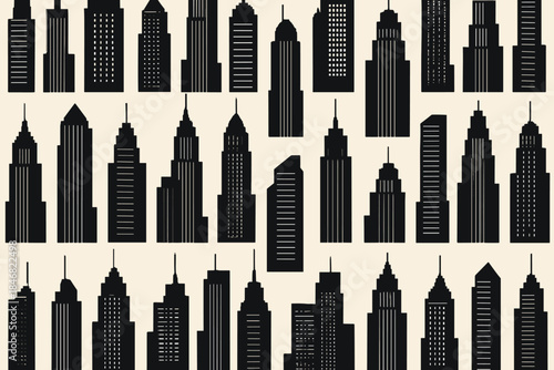 Black and white city skyline designs in a repetitive pattern showing various tall buildings in an urban setting